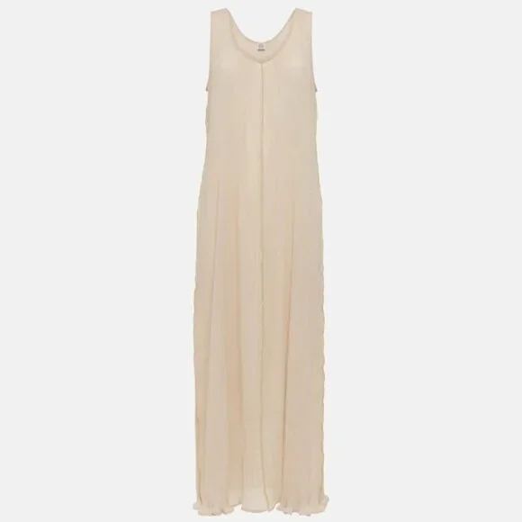 NEW Toteme Plisse Crinkled Scoop-Neck Maxi Dress in Cream Beige | size 32 / US 0 - Picture 6 of 14